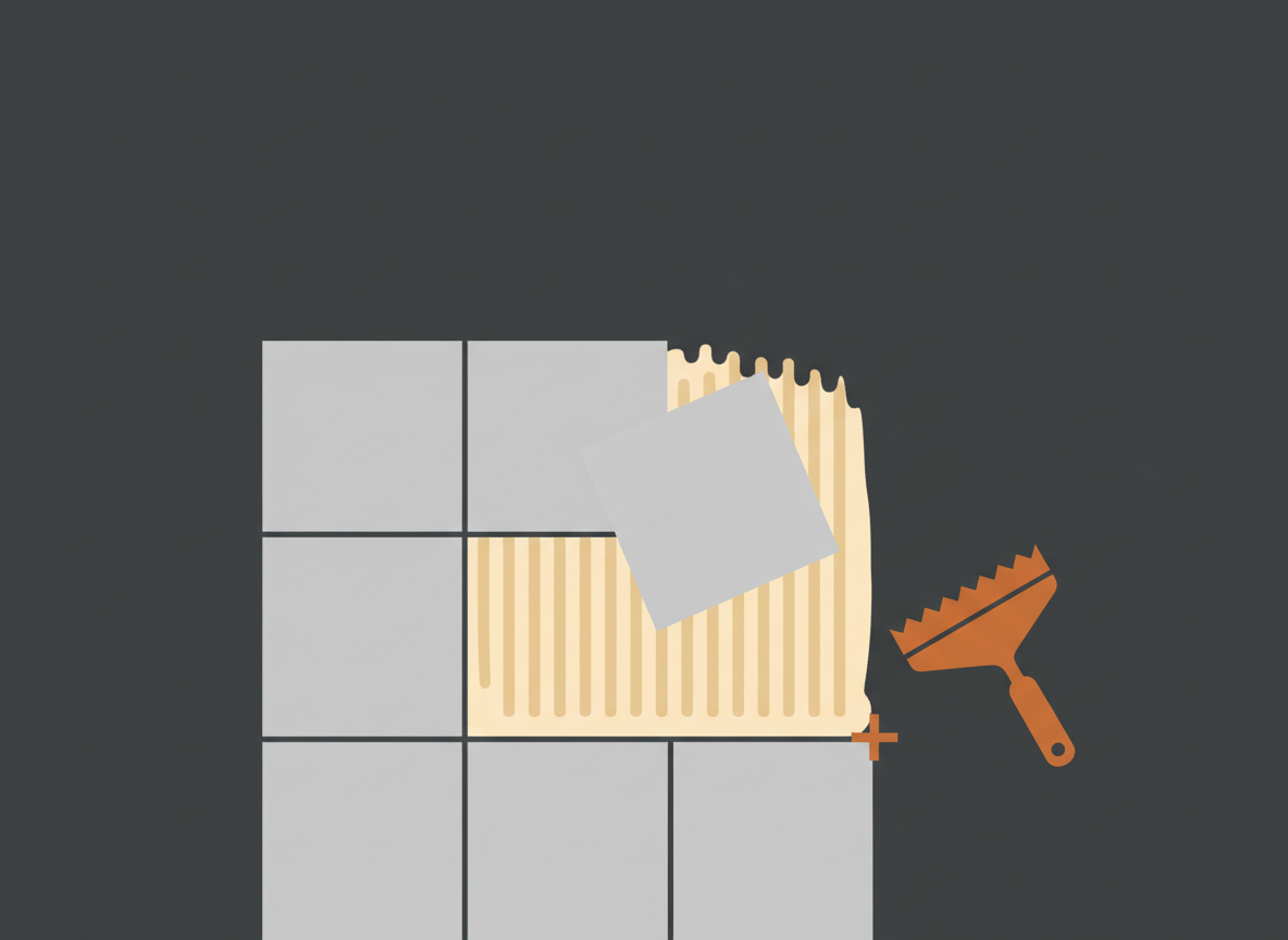 Illustration of floor tiles being laid with a trowel